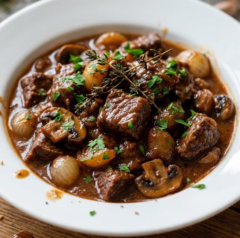Ragoût de Bœuf en Sauce, Champignons & Oignons Grelots