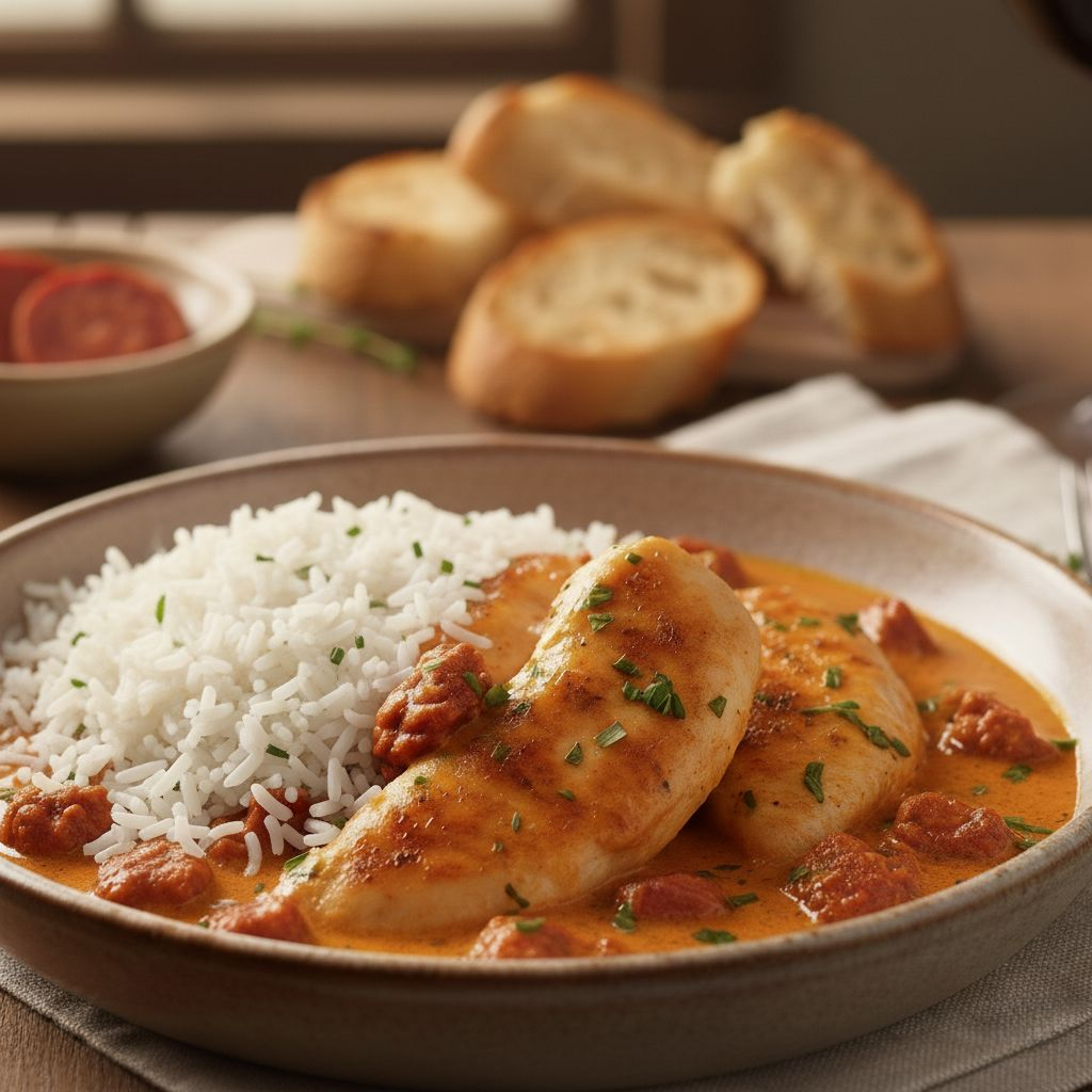 Chicken strips with creamy chorizo sauce