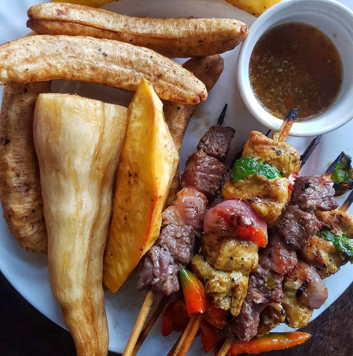 Peruvian Anticuchos with Fried Plantains and Cassava