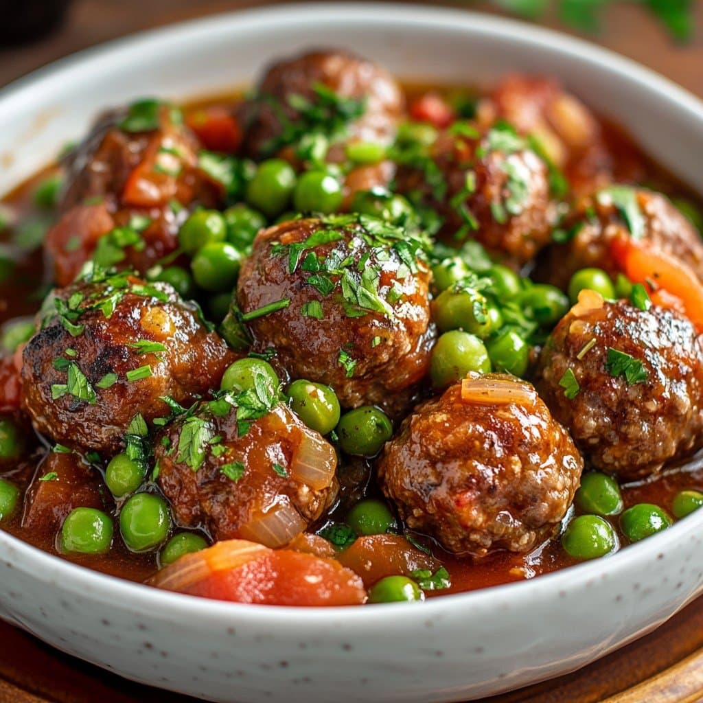 Recette de Boulettes de bœuf mijotées aux petits pois et tomates