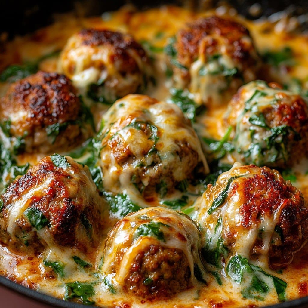 Enjoy your meal! - Cheese-Stuffed Meatballs with Creamy Spinach Sauce