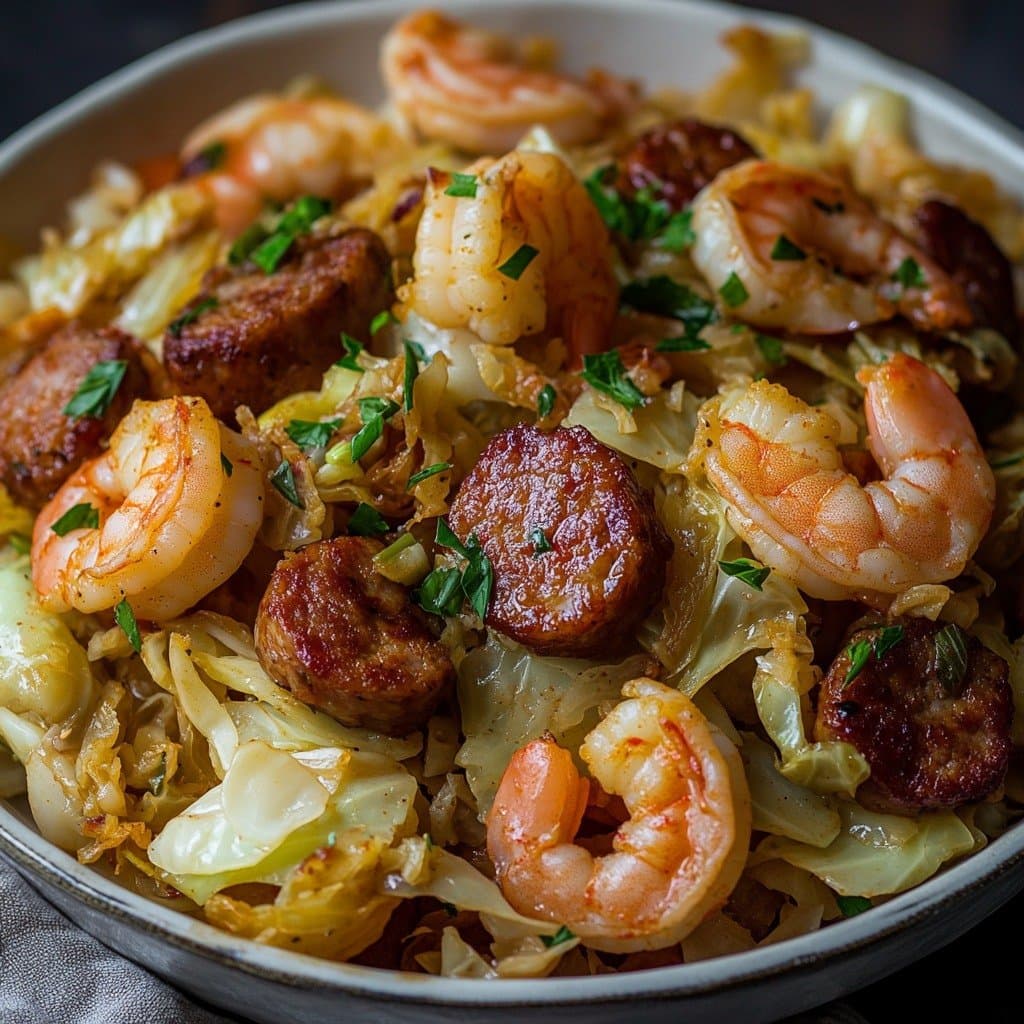 Col Frito Cajun con Andouille y Camarones