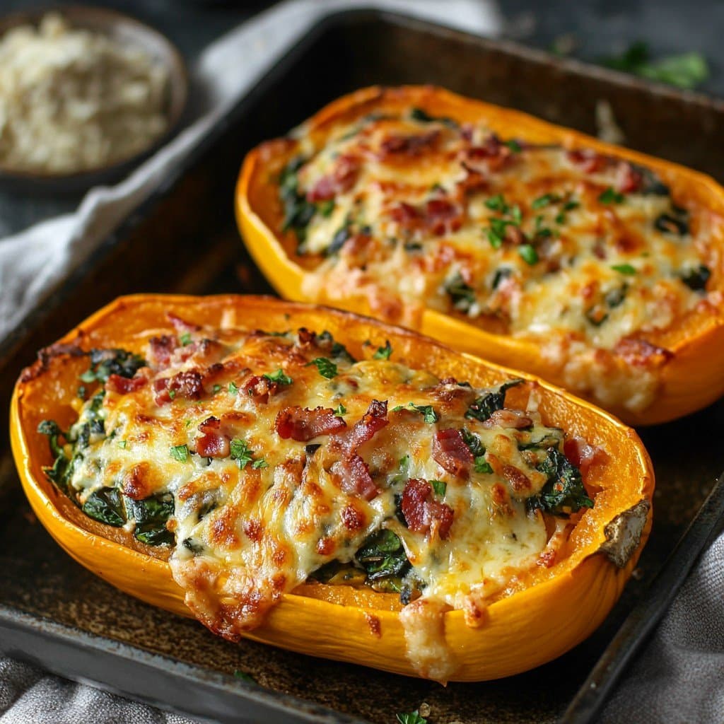 Roasted Butternut Squash Stuffed with Spinach, Bacon and Cheese