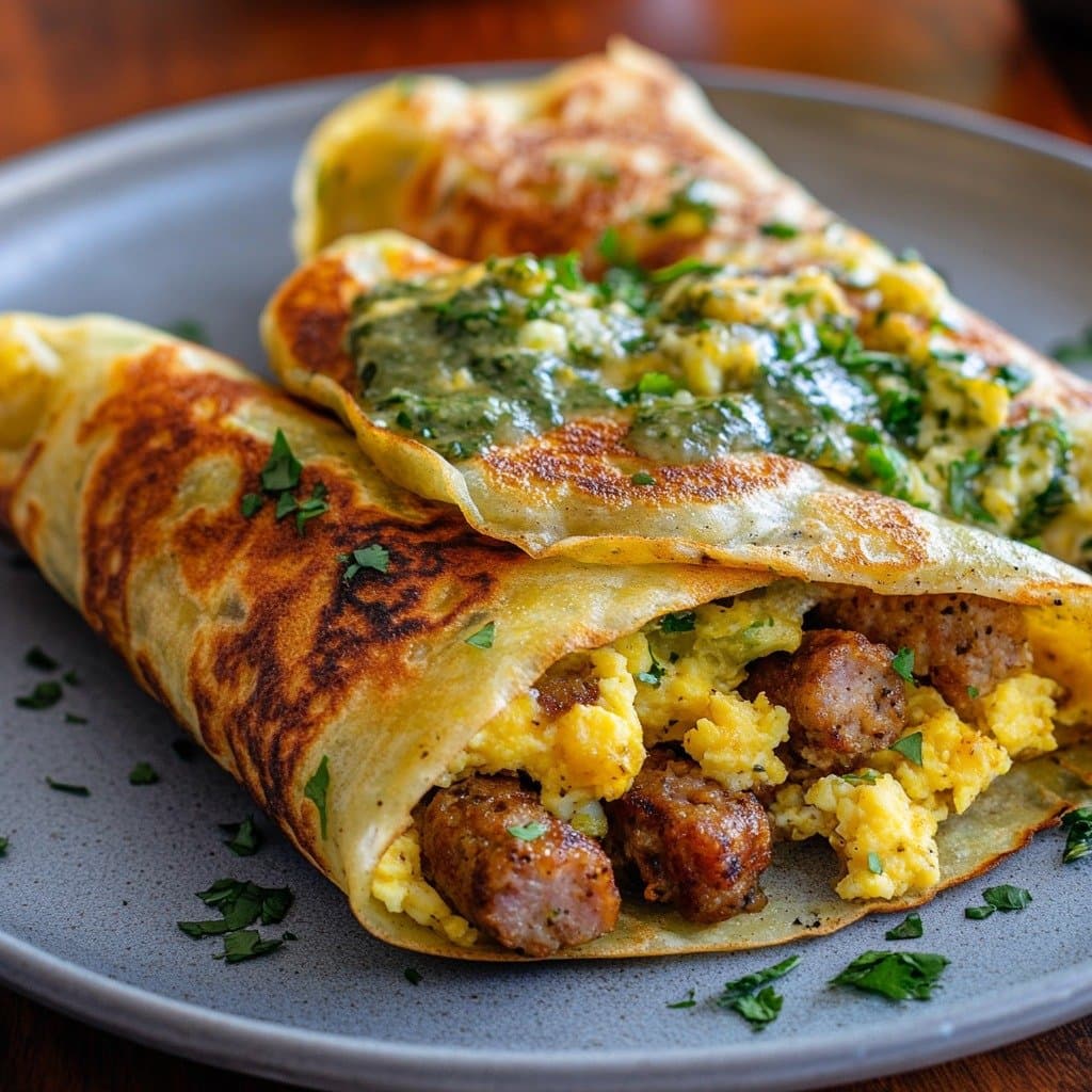 Stuffed crepe with sausage, scrambled eggs and salsa verde