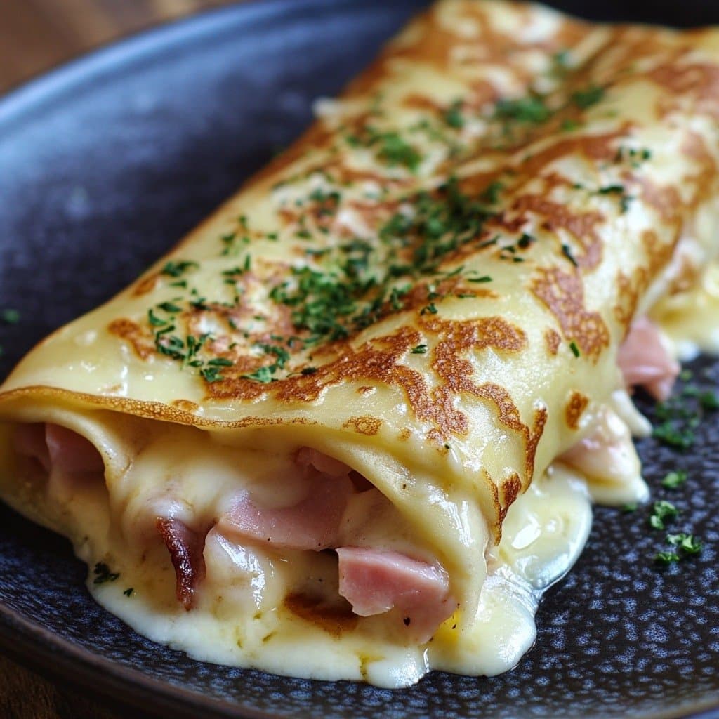 Crêpe fourrée au jambon et au fromage fondu