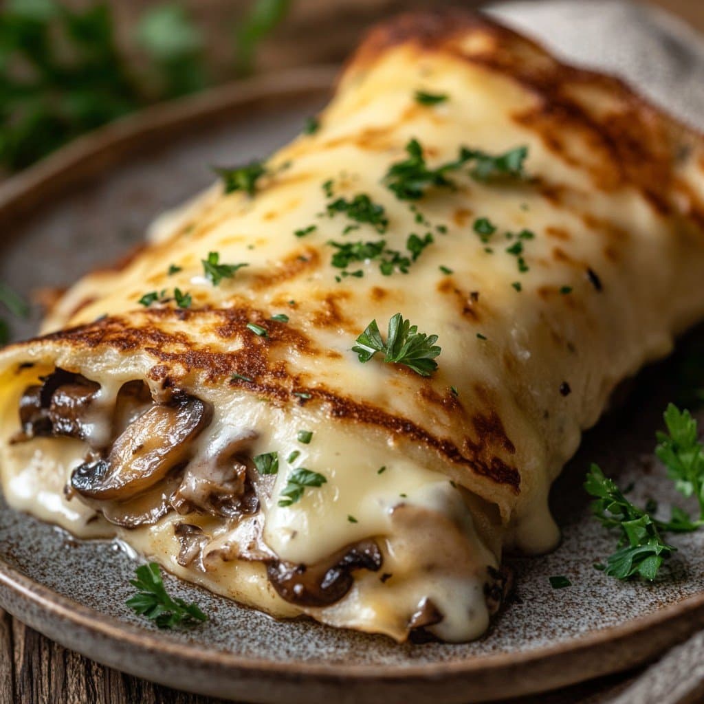 Crêpes salées aux champignons, herbes et fromage fondu