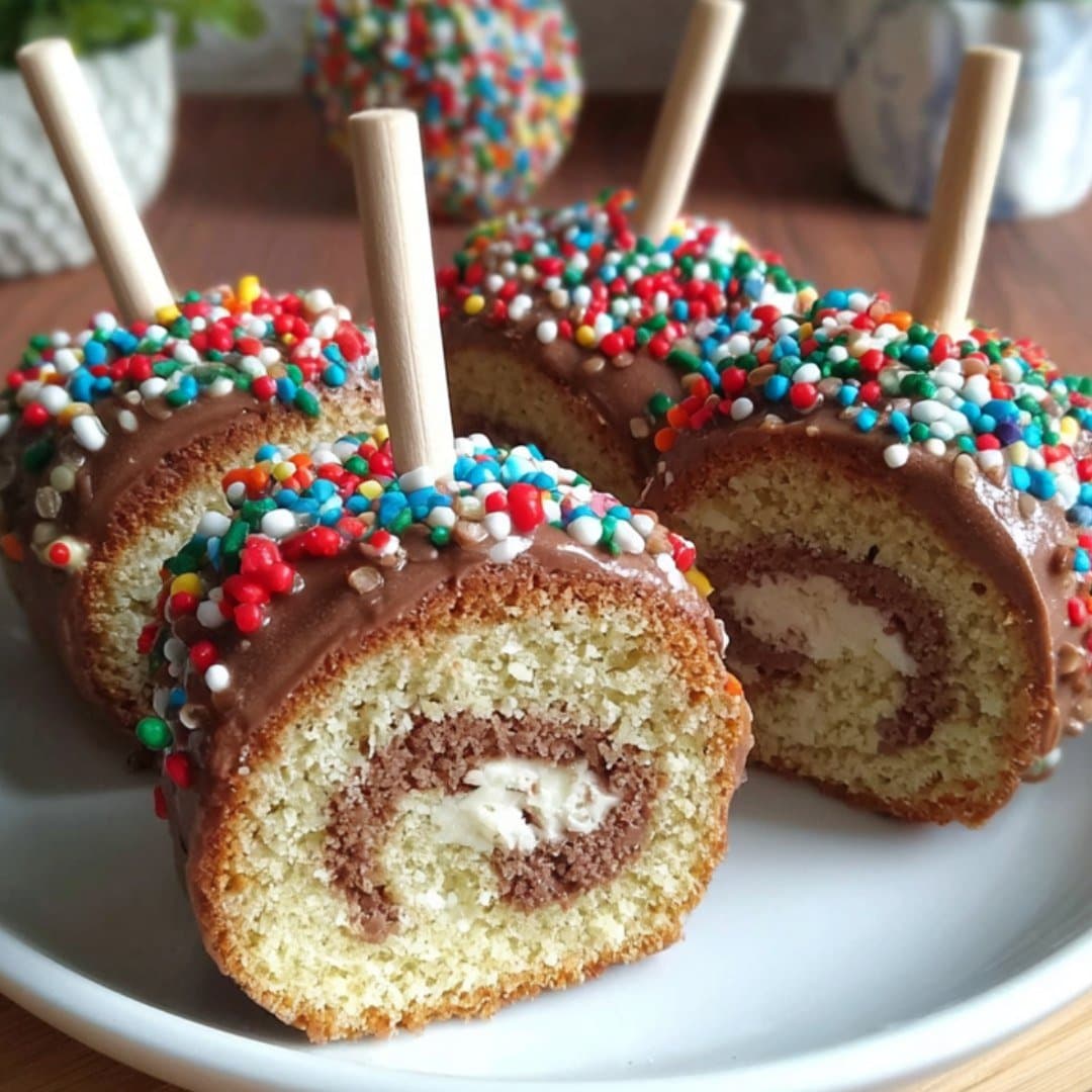 Mini Chocolate Rolls on Sticks with Colorful Sprinkles