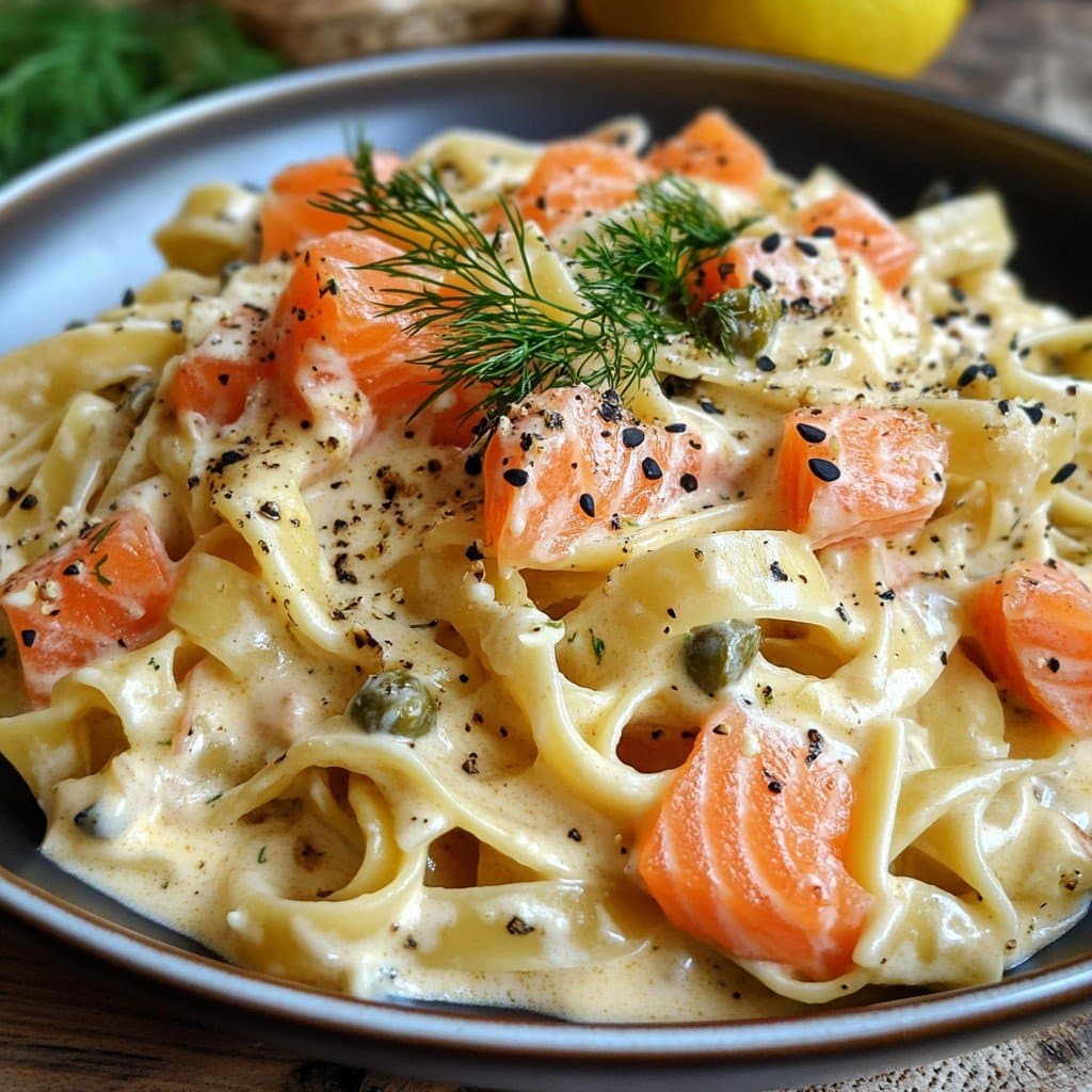 Recette de Ribbon Noodles with Smoked Salmon and Cream Cheese Sauce