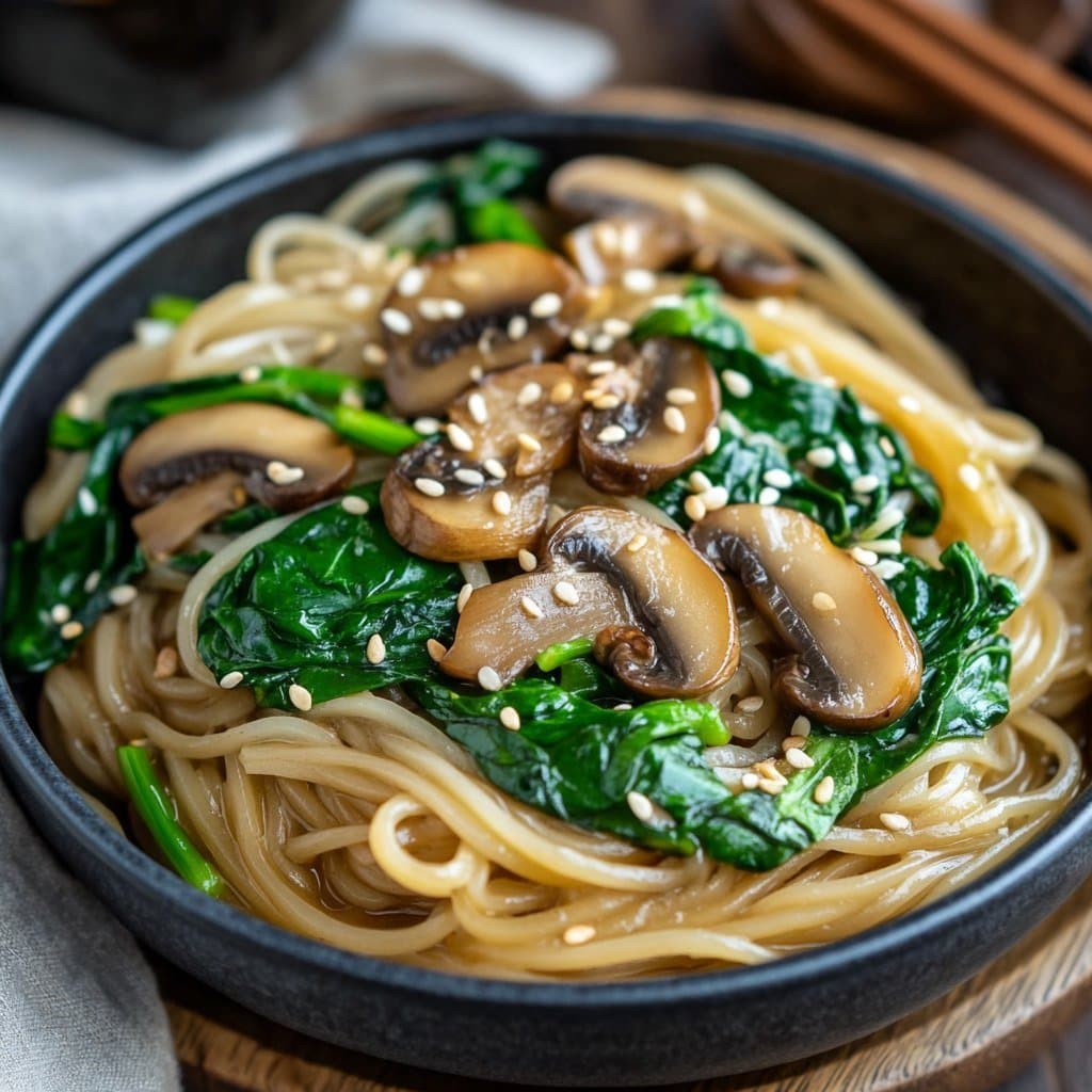 Fideos Miso con Champiñones y Espinacas