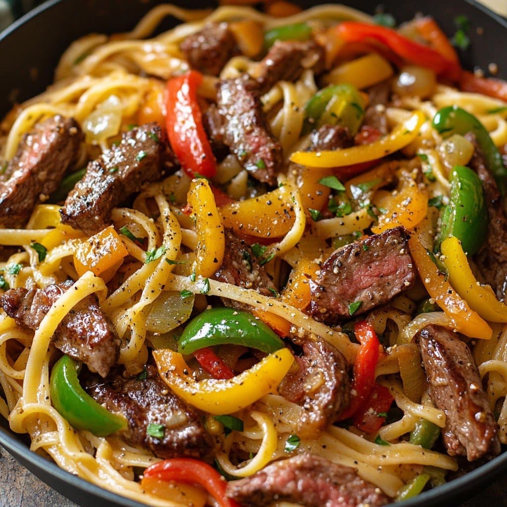 Pasta con Bistec y Pimientos