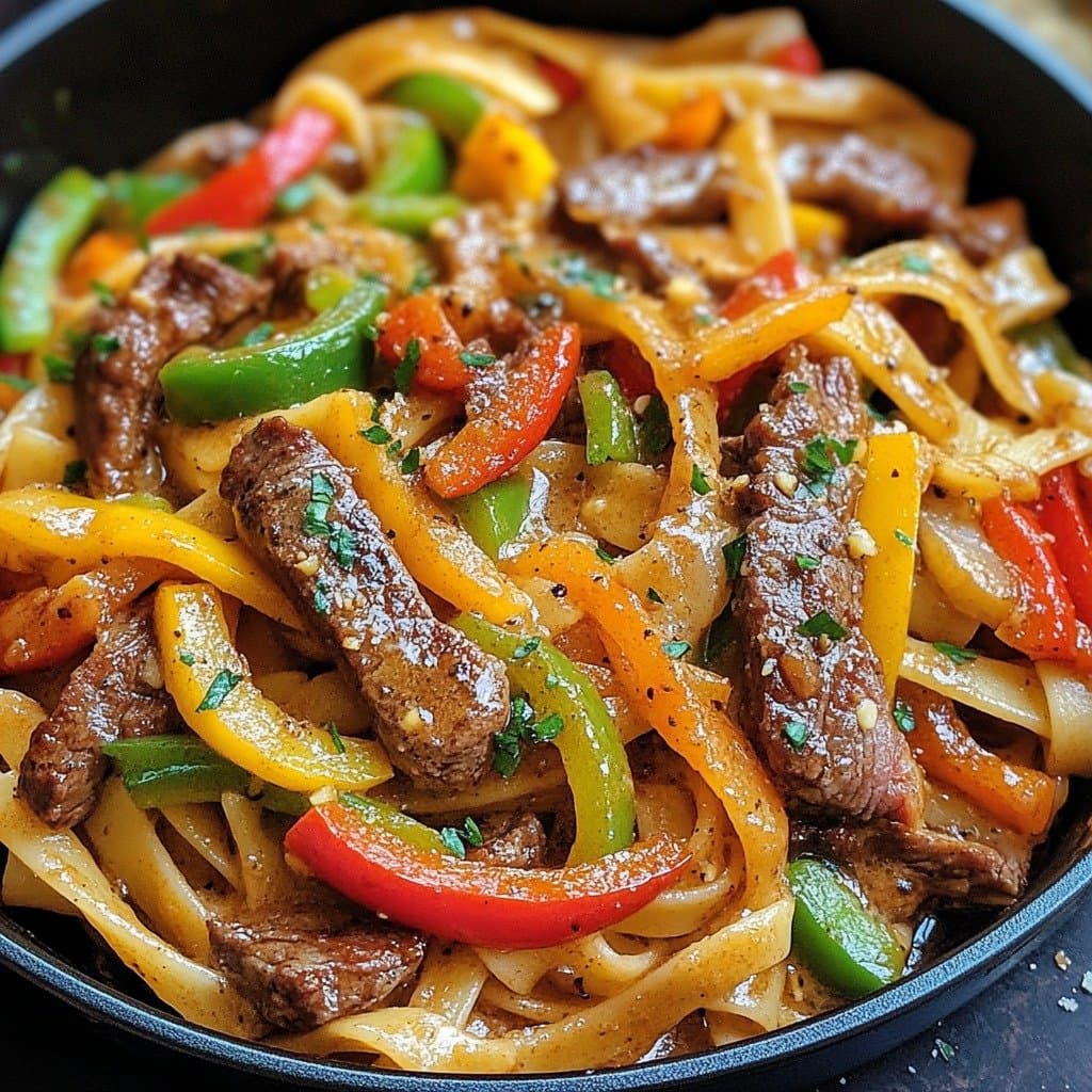 Pâtes au steak et poivrons grésillants