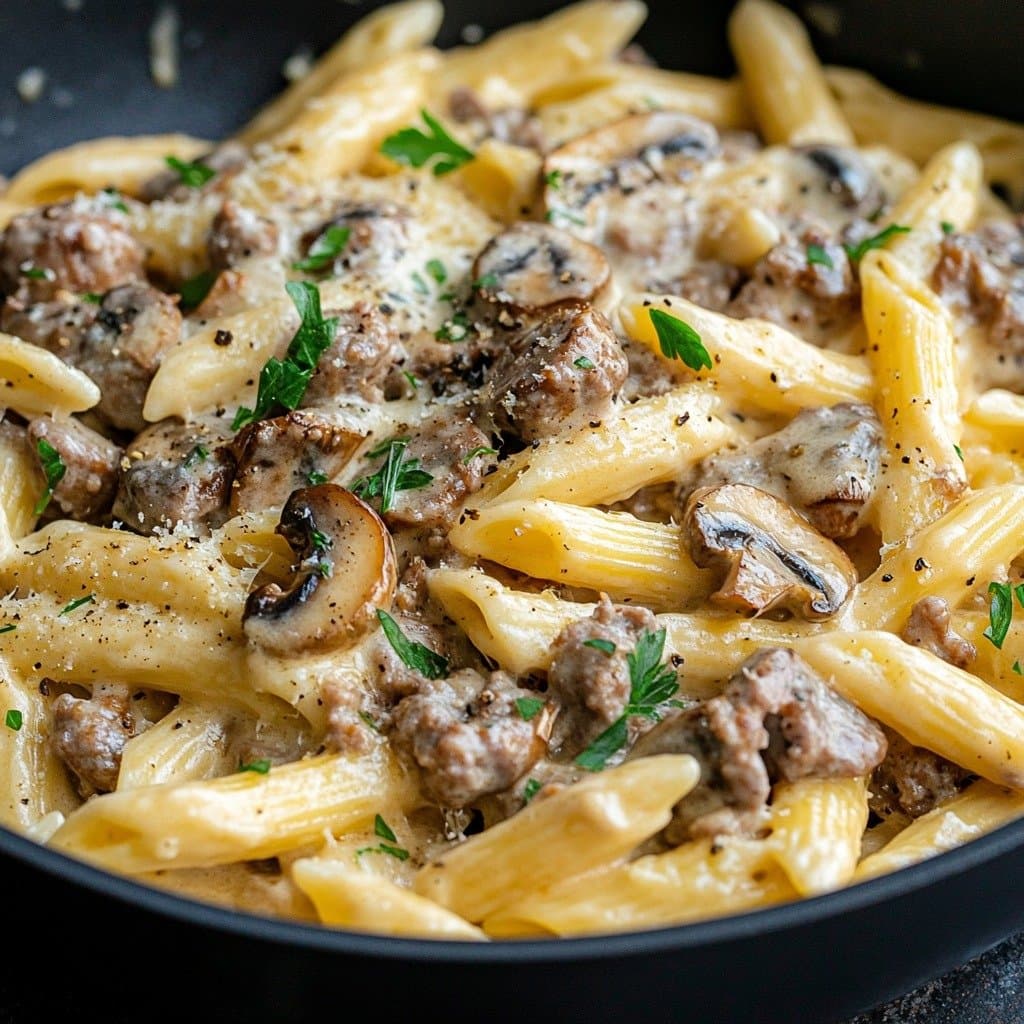 Enjoy your meal! - Creamy Pasta with Sausages and Mushrooms