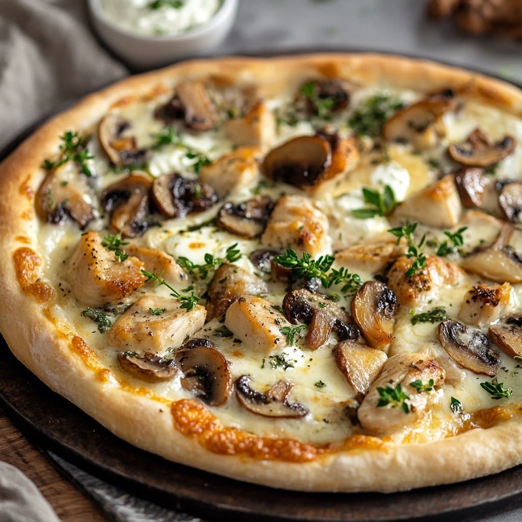 White Pizza with Chicken and Mushrooms