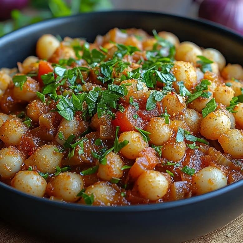 Pois Chiches Épicés à la Tomate & Oignon Sauté
