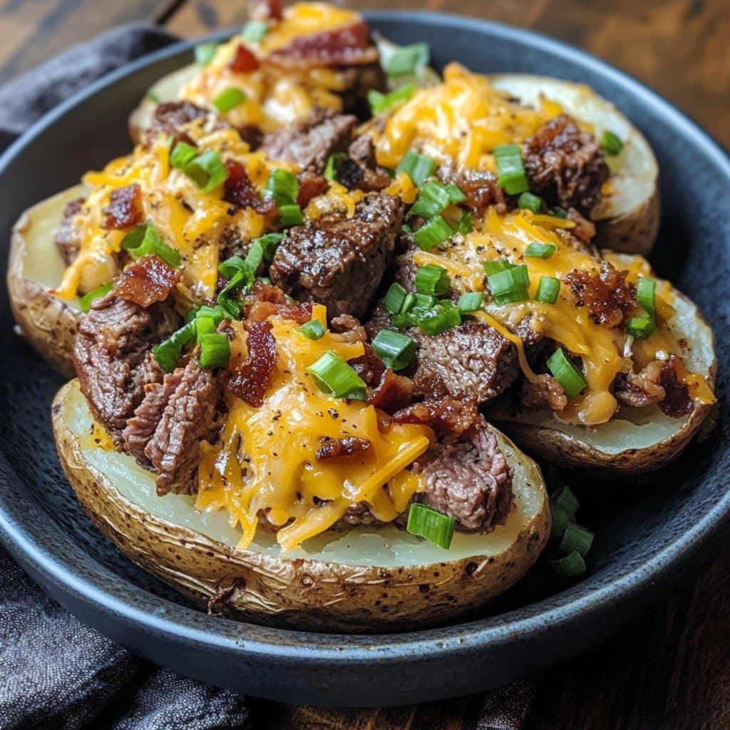 Pommes de Terre au Four Garnies de Bouchées de Steak