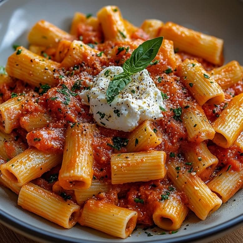 Recette de Creamy Tomato Sauce and Burrata Rigatoni