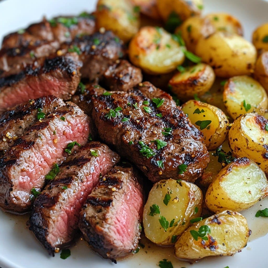 Filete a la parrilla & patatas asadas crujientes