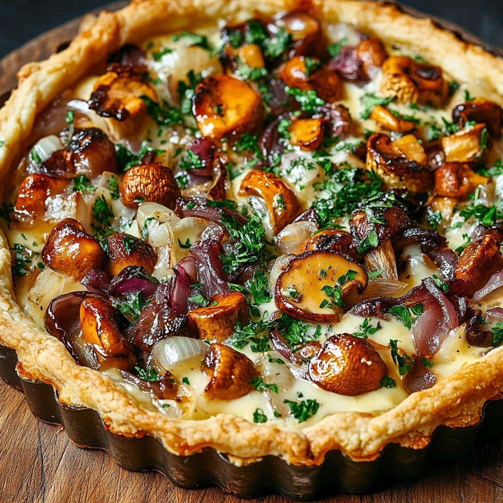 Recette de Tarte forestière aux girolles, oignons rouges & fromage