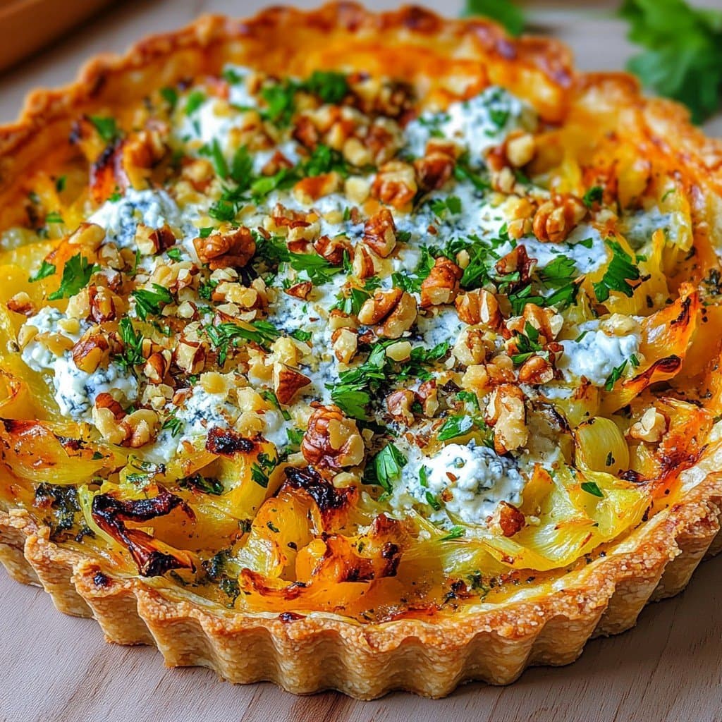 Tarta de puerros asados, queso azul cremoso y nueces