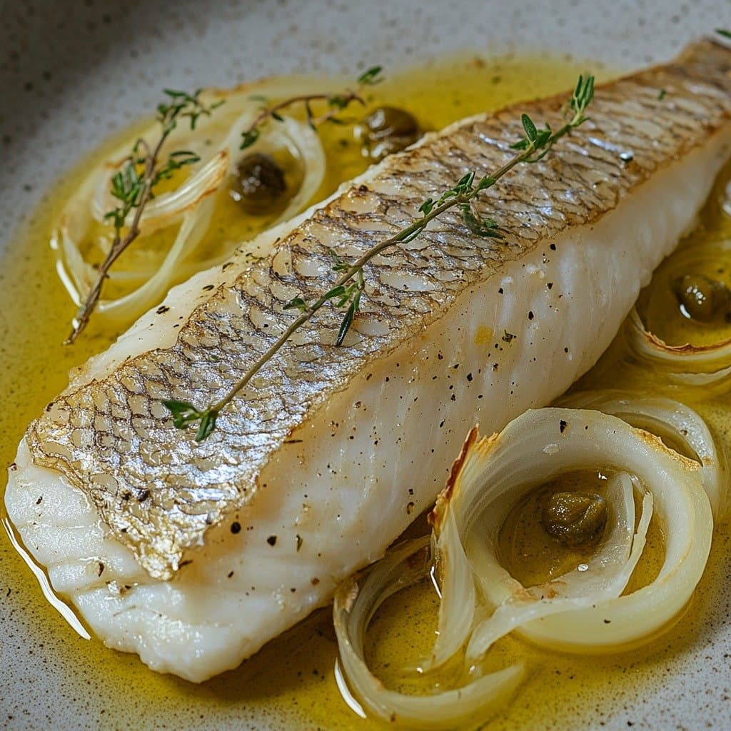 Recette de Bar rôti peau croustillante, oignons fondants & câpres