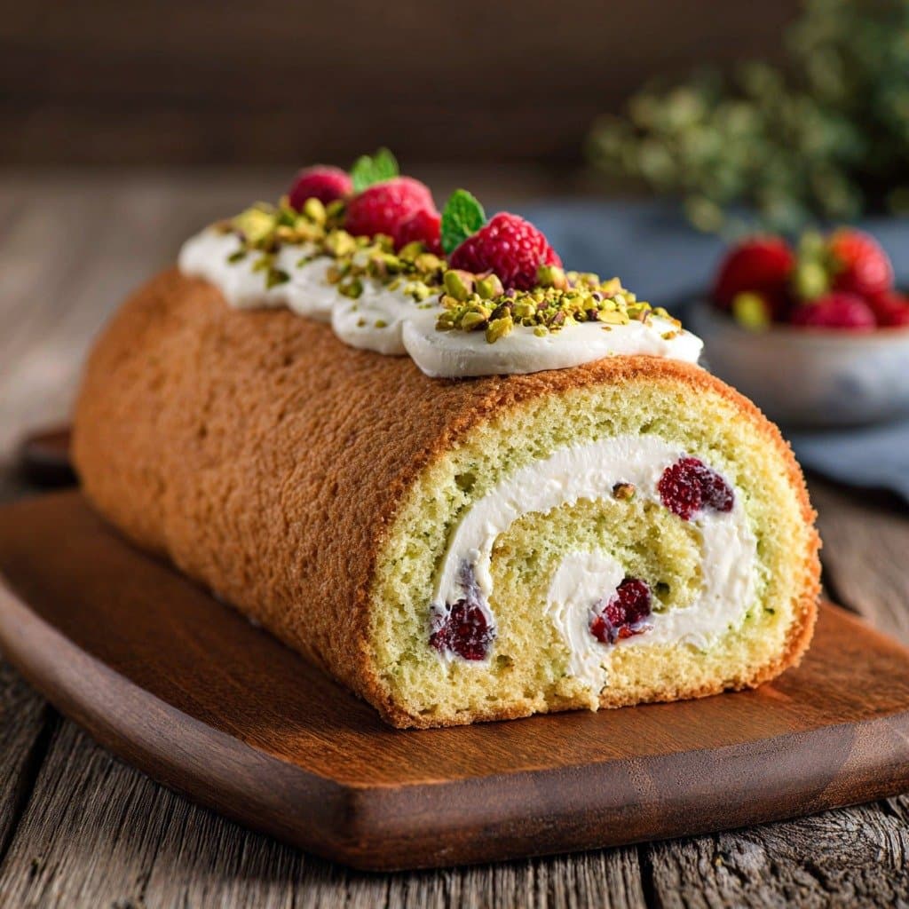 Recette de Bûche Roulée Génoise Pistache & Crème Framboise