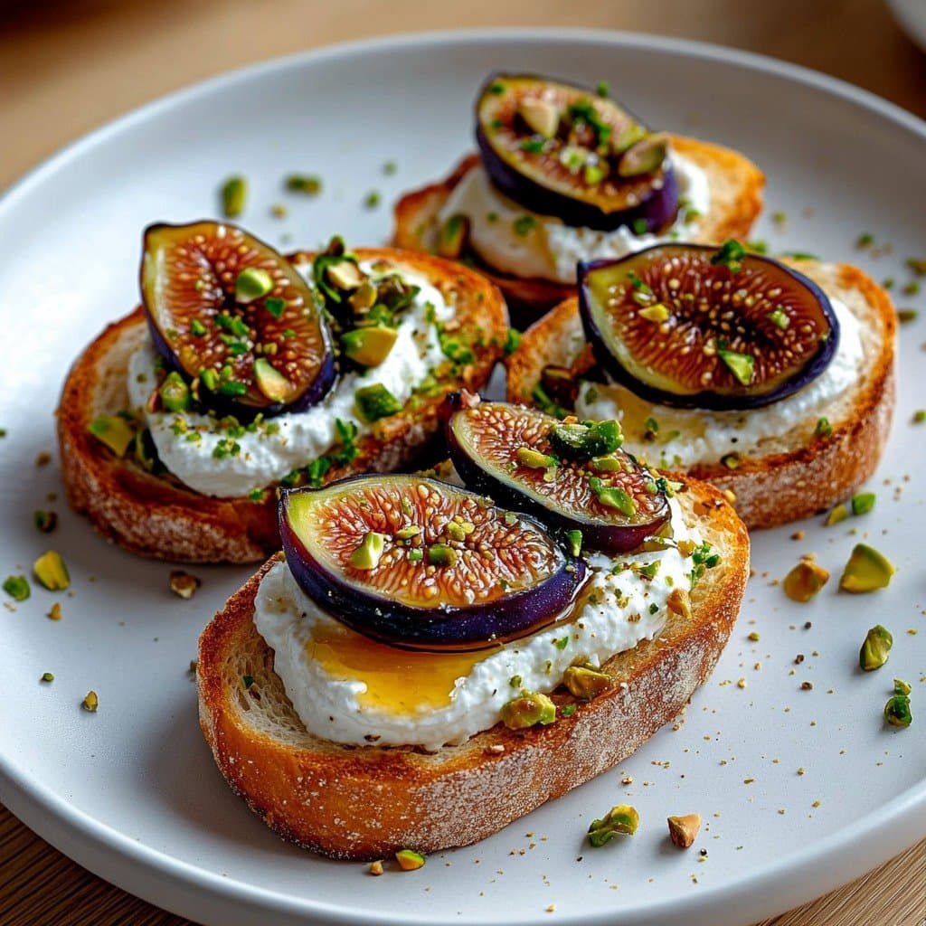 Crostini Ricotta Fouettée, Figues Rôties au Miel & Pistaches