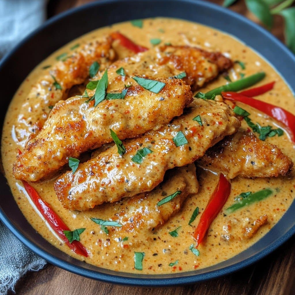 Chicken strips with cream and bell peppers