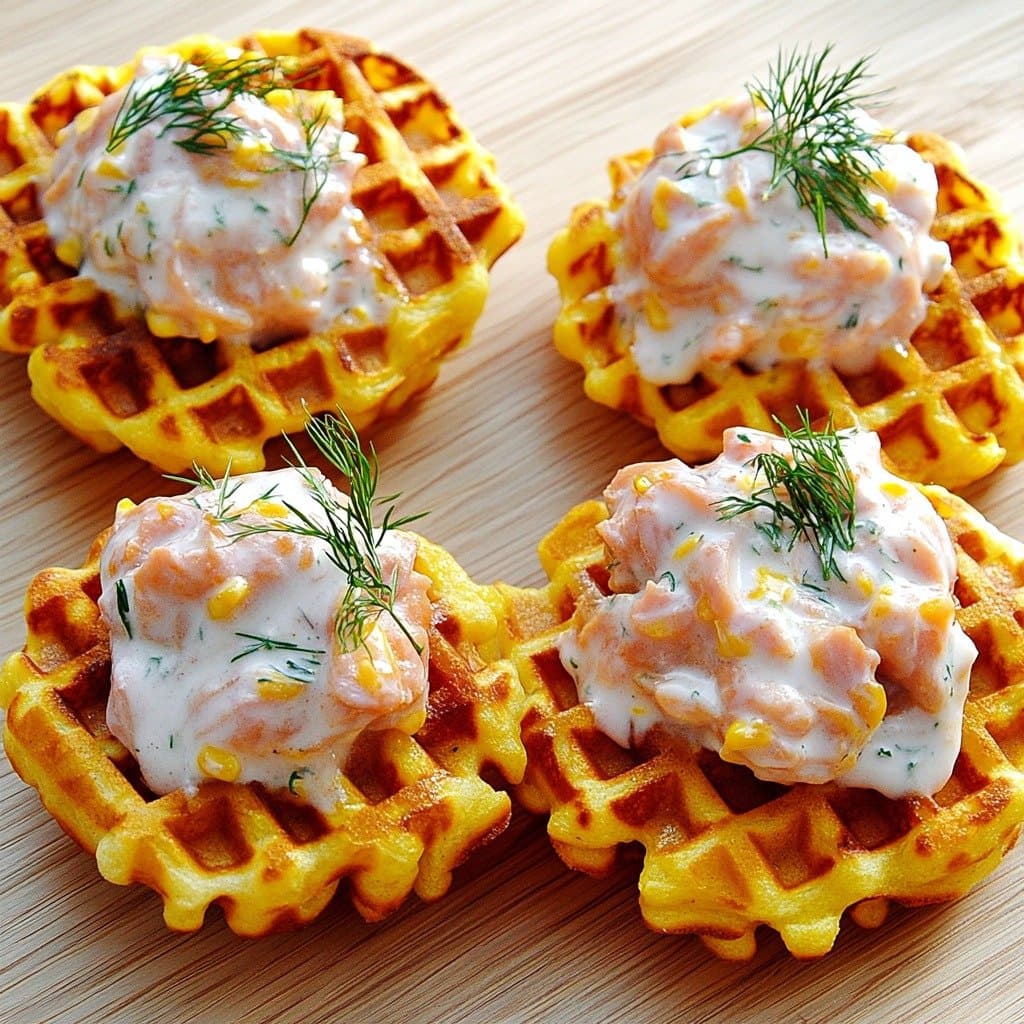 Gaufres Salées au Saumon, Maïs & Crème à l’Aneth