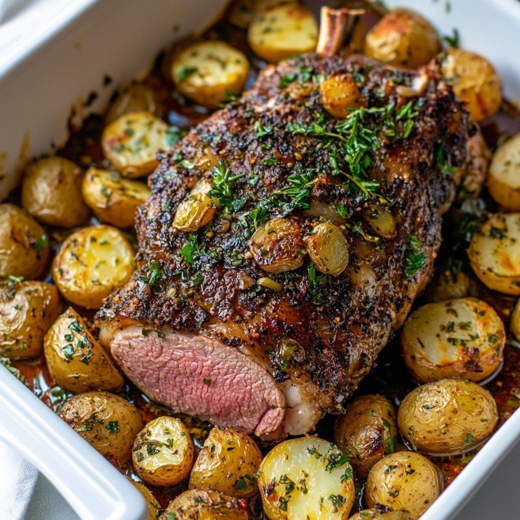 Roasted Leg of Lamb with Garlic and Fresh Herbs, Potatoes