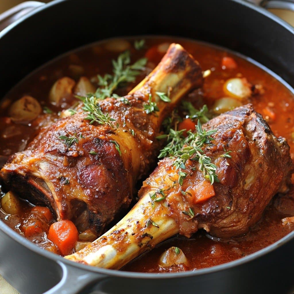 Braised Lamb Shanks with Herb Sauce & Melting Vegetables