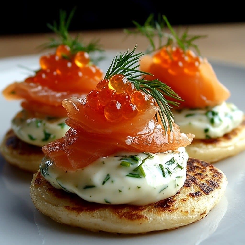 Mini-Blinis Dorés au Saumon Fumé, Crème Citron-Aneth & Œufs de Truite
