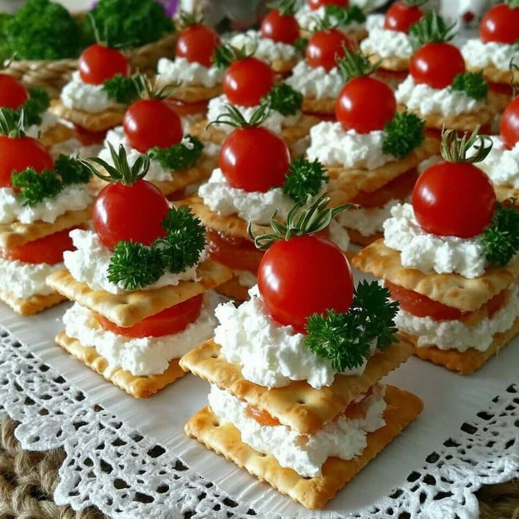 Recette de Mini Millehojas Salados de Crackers con Queso y Tomates Cherry