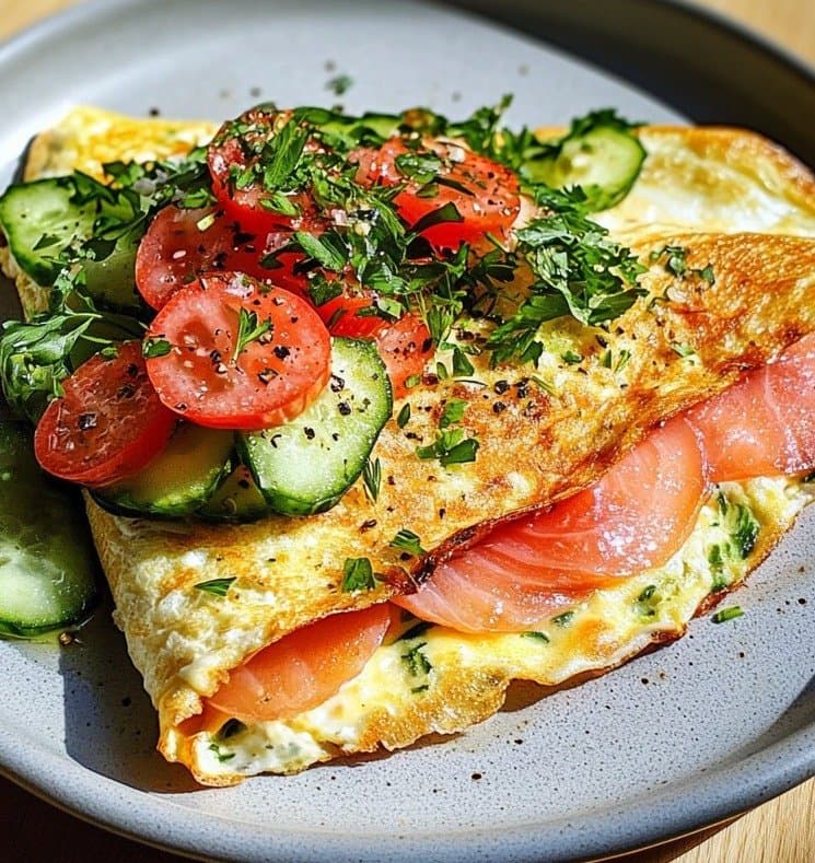 Recette de Omelette Nordique Saumon Fumé, Concombre & Tomates