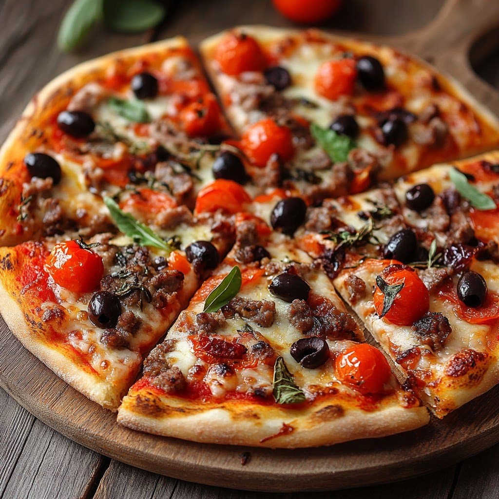 Recette de Easy Ground Beef, Tomato and Olive Pizza
