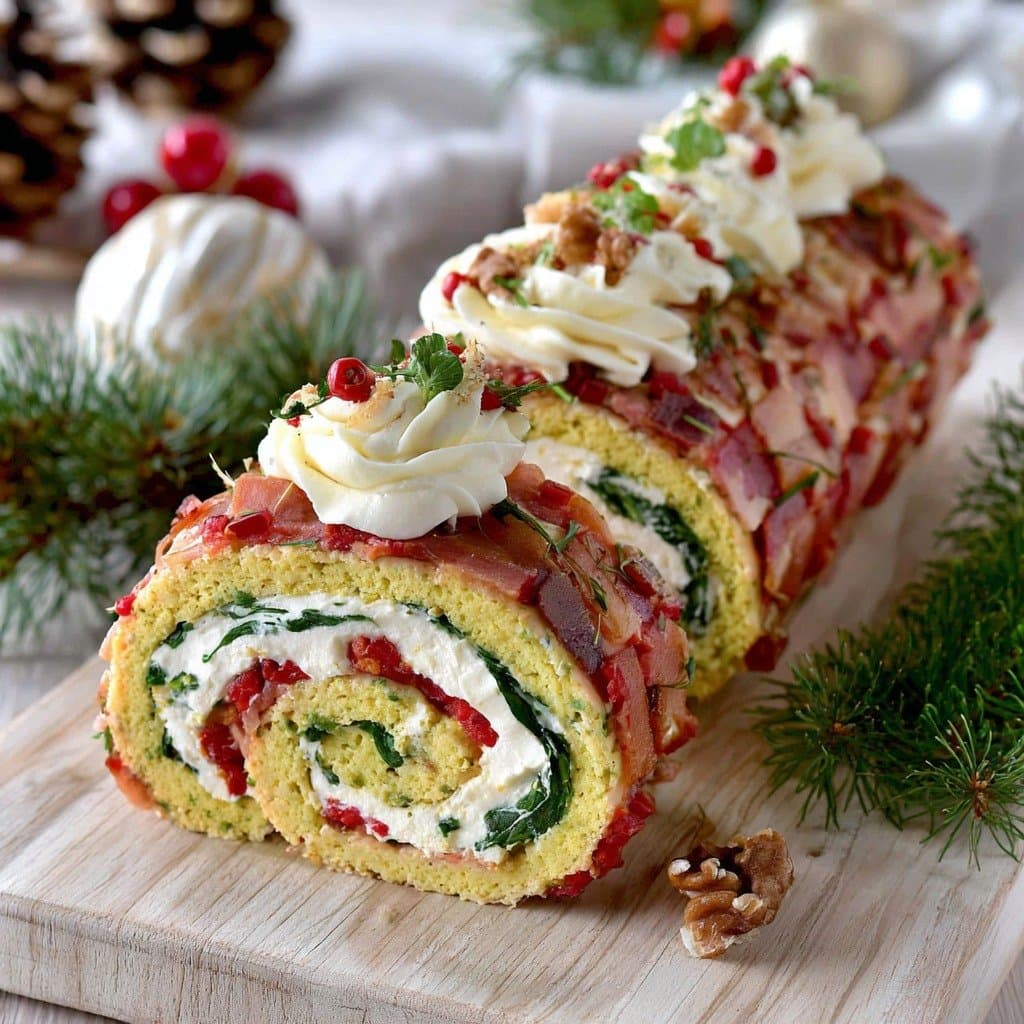 Recette de Festive Cheese, Spinach & Pepper Roll - Christmas Appetizer