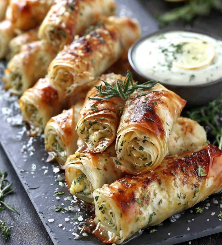 Roulés Croustillants Filo au Fromage & Herbes, Miel Citronné