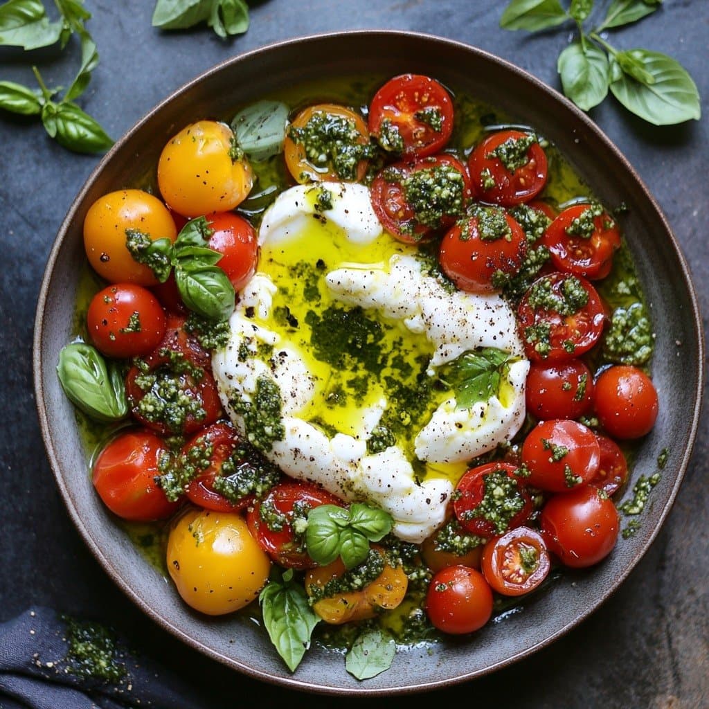 Recette de Salade de Burrata & Tomates Cerises au Pesto