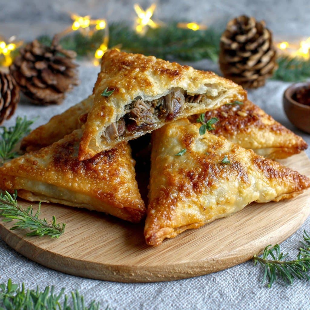 Recette de Christmas Samosas with Duck Confit, Figs & Caramelized Shallots