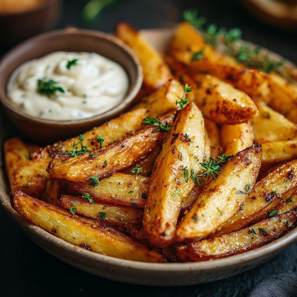 Frites Maison Croustillantes à l’Ail et au Thym, Sauce Crémeuse