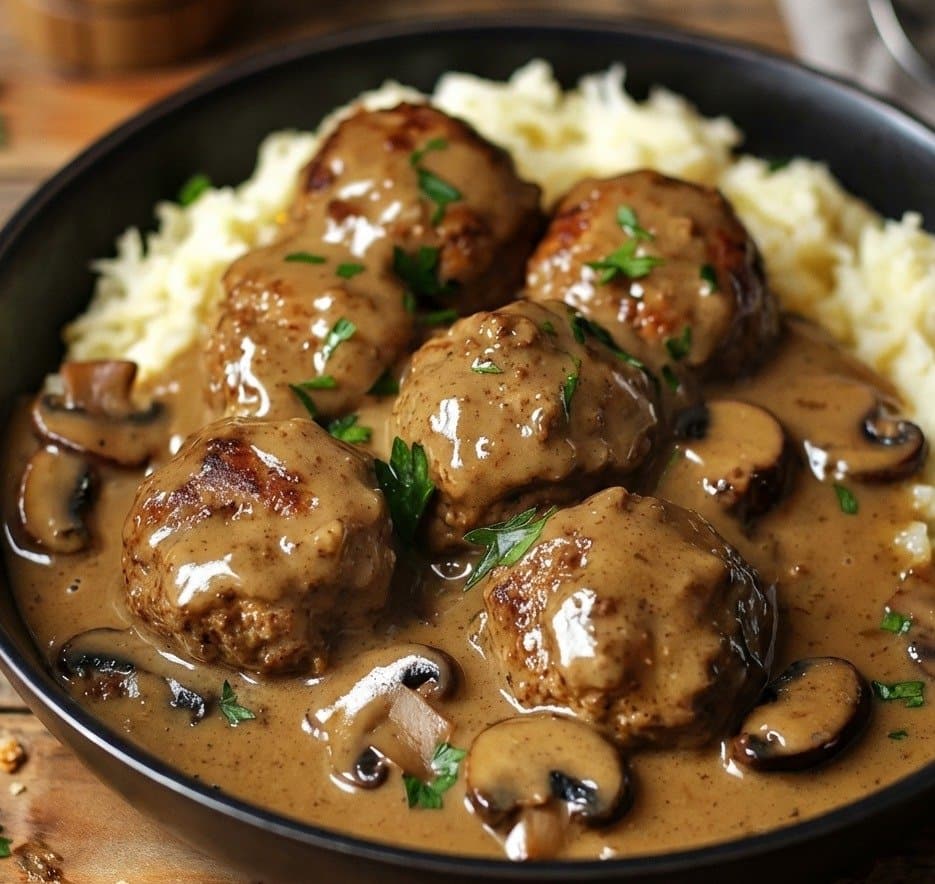 Boulettes de Viande, Sauce Crémée aux Champignons & Purée