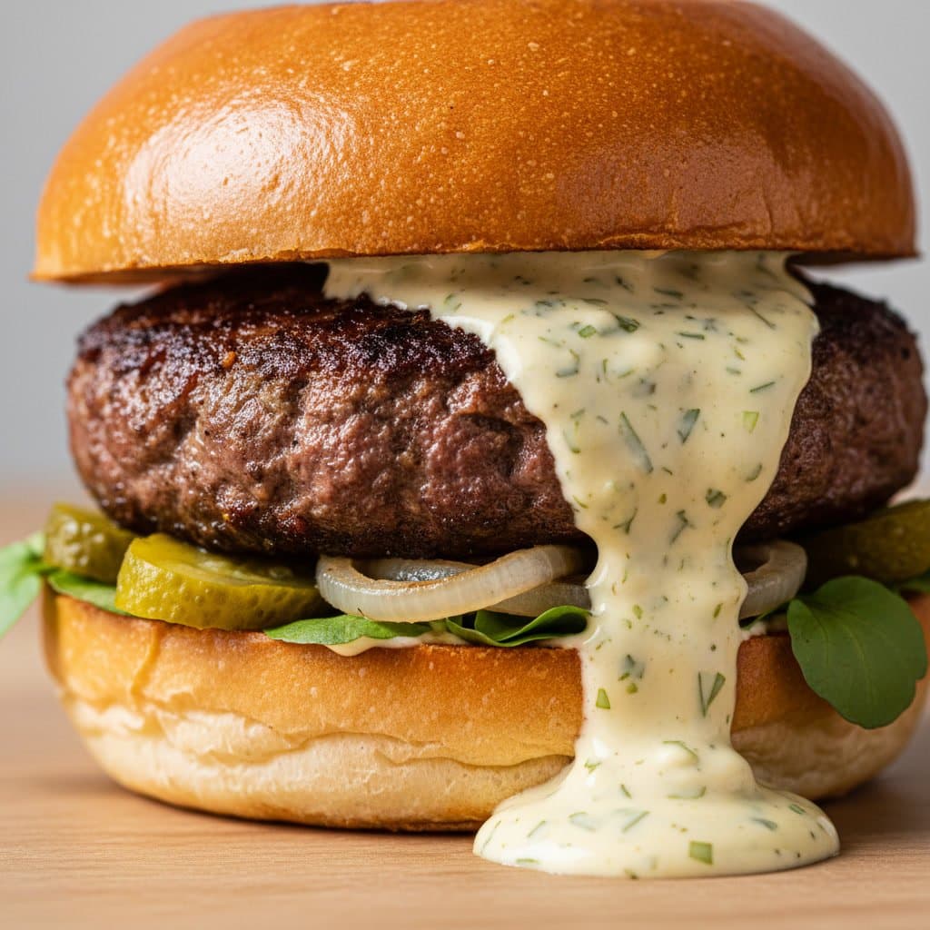 Recette de Burger Bœuf, Pickles, Oignon Doux & Sauce Ranch Maison