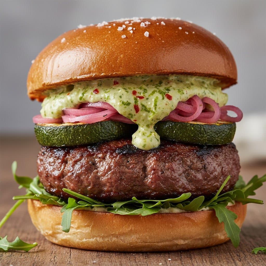 Recette de Burger Bœuf, Roquette, Courgette Grillée & Sauce Verte Pimentée