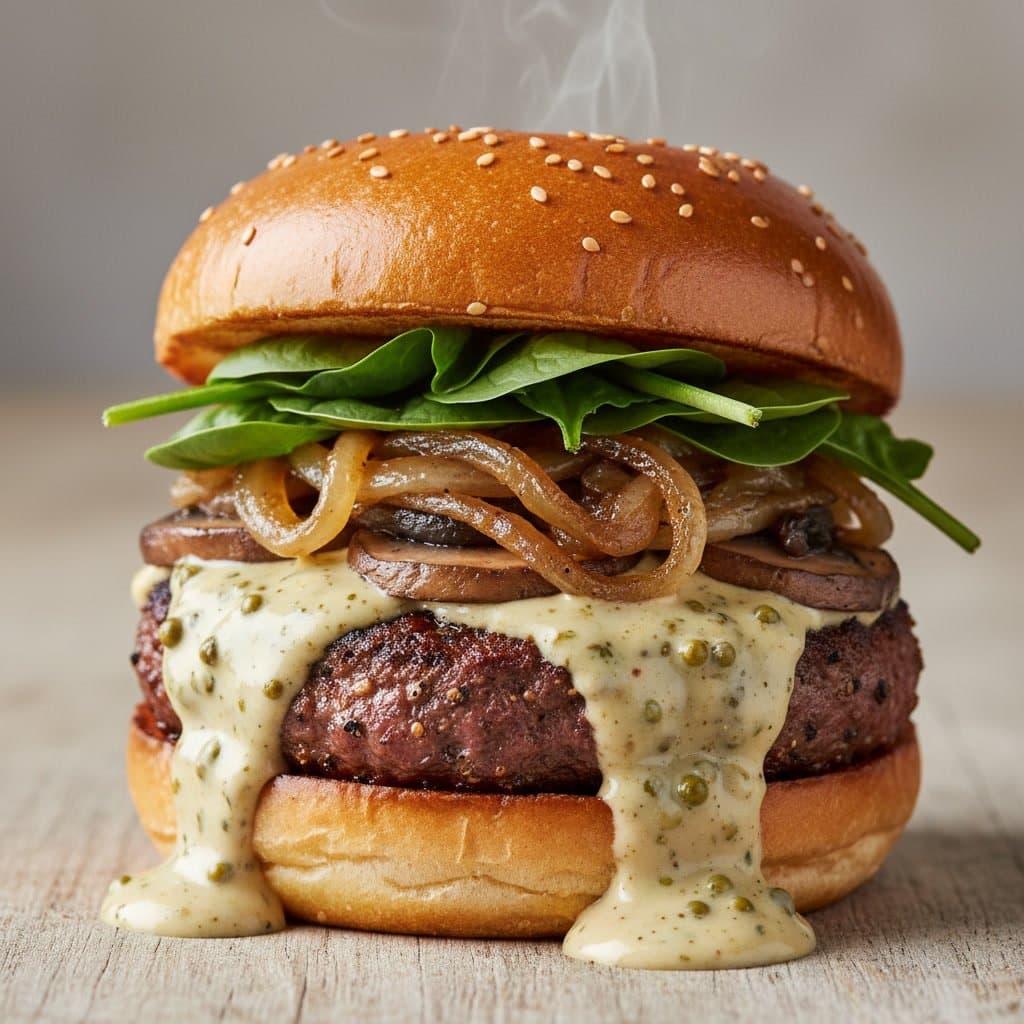 Recette de Burger Gourmet Bœuf, Champignons, Oignons Confit & Sauce Poivre Vert