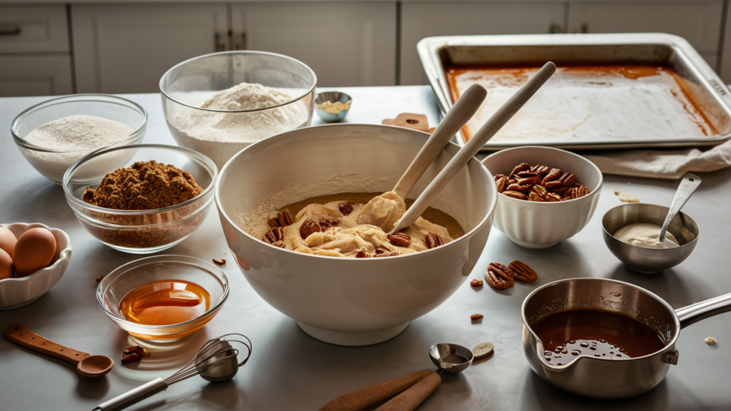 preparation-gateau-aux-bananes-noix-de-pecan-et-caramel